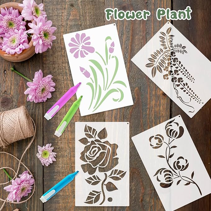 Dayker 15PCS Flower Stencils, Wildflower Leaf Painting Stencils, Reusable PET Art Drawing Templates, DIY Crafts Plant Stencil for Painting on Wood Wall Paper Canvas Home Decor