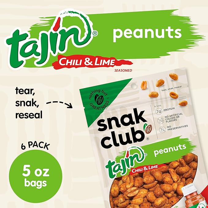 Snak Club Tajin Peanuts, Roasted Nuts with Chili and Lime Seasoning, Mild, Gluten-Free, Kosher Snacks, No Artificial Colors or Flavors, No Preservatives, 5 oz Resealable Bags, 6 Pack