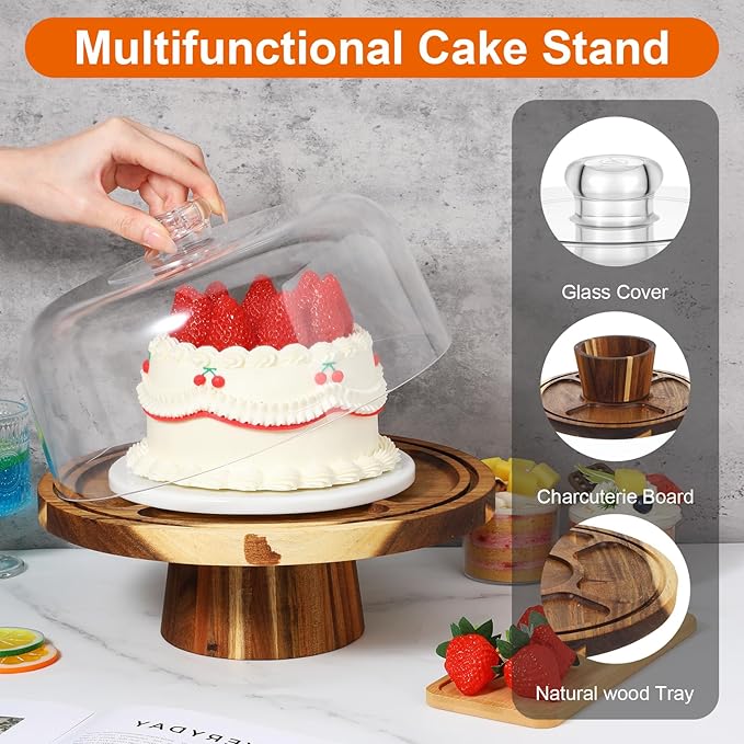 Acacia Wood Cake Stand With Lid, 12 Inch Wooden Cake Stand with Acrylic Dome Vintage Cakes Display Holder Versatile Dessert Table Display & Charcuterie Board for Wedding Birthday Party