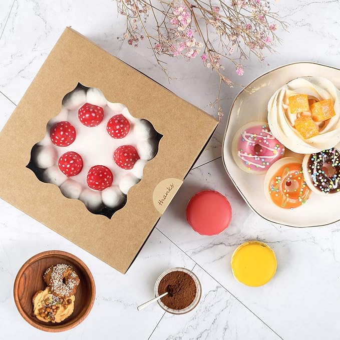 Moretoes 24pcs Bakery Boxes, 6x6x3in Brown Cookie Boxes, Mini Cake Boxes with Window Included Parchment Paper and Stickers, Pastry Boxes for Party, Wedding, Birthday Day