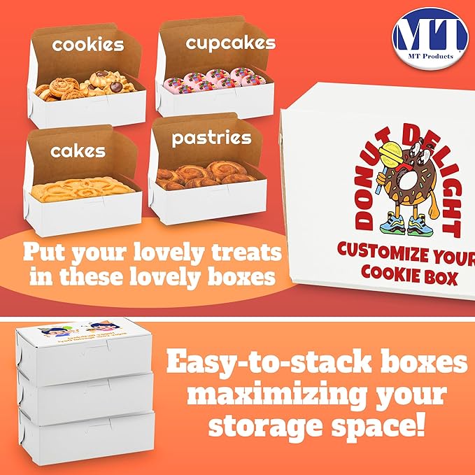MT Products Custom Printed Bakery Boxes - 8" x 5.5" x 4" White Customizable Donut and Cupcake Boxes with Logo (Pack of 15) - Made in the USA
