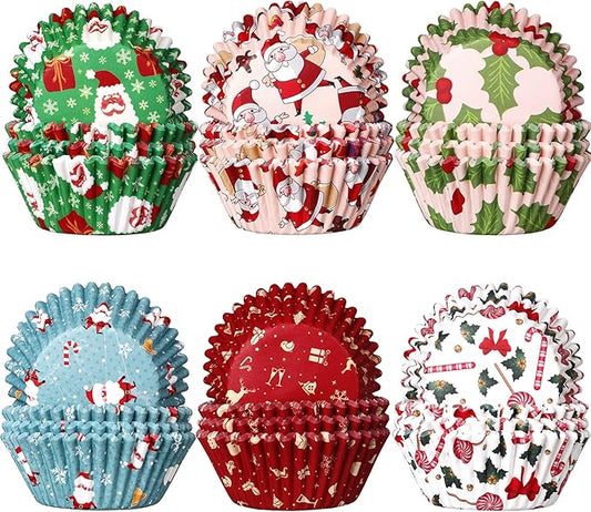 CHENGU 600 Pieces Christmas Cupcake Wrappers, Candy Santa Claus Cupcake Liners Snowman Xmas Colorful Paper Baking Cups for Cake Make Baking Supplies, 6 Styles(Classic Styles)