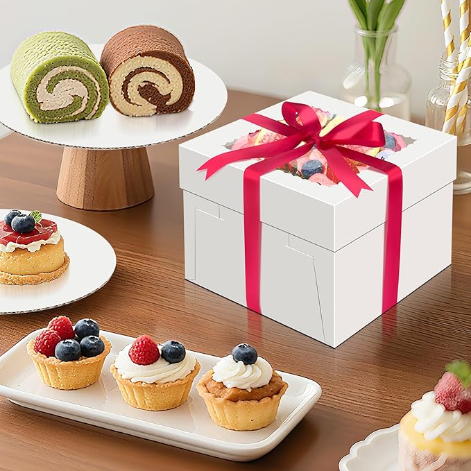 Sudaya 8x8x5 Cake Boxes with Window, Cake Boxes 8 inch with Cakes Box Ribbon Stickers, 8in Disposable Carry Bakery Containers Cajas Para Pasteles for Pies Party Wedding Gift Giving