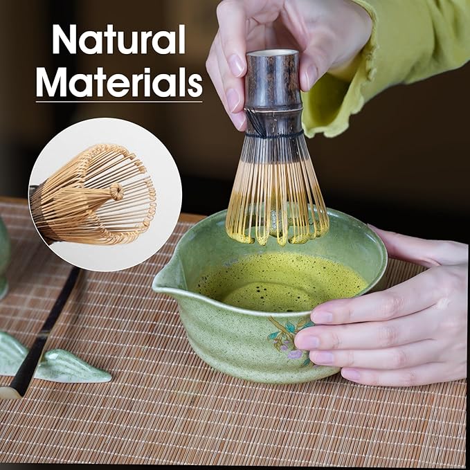 7-Piece Matcha Set, Ceramic Matcha Bowl, Bamboo Whisk (Chasen), Whisk Holder, Sifter, Tea Scoop & Scoop Rest, Special Bamboo Tea Mat, Harmonious Color Matcha Making Kit, Green