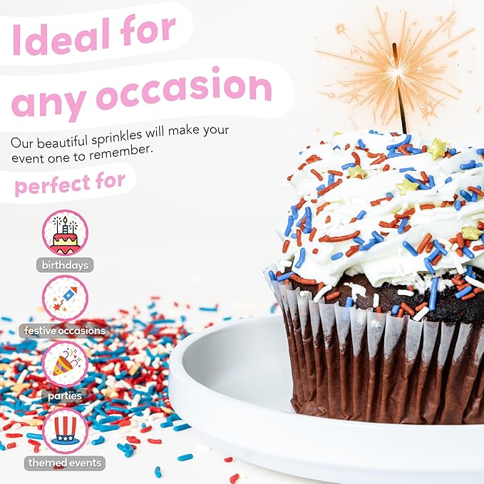 Decorative 4th of July Sprinkles - Our Red, White, Blue & Gold Patriotic Sprinkles for Cake Decorating Are Proudly Made in the USA - Our 4th of July Treats are Red 3 Free (Stars & Stripes, 3.5oz)