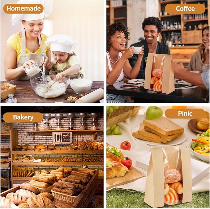 100 Pack Paper Bread Bags for Homemade Bread 14x8.3x3.5 Inches Sourdough Bags with Tin Tie Tab Lock Clear Front Window Large Kraft Bakery Bag, 100 PCS Sealing Stickers