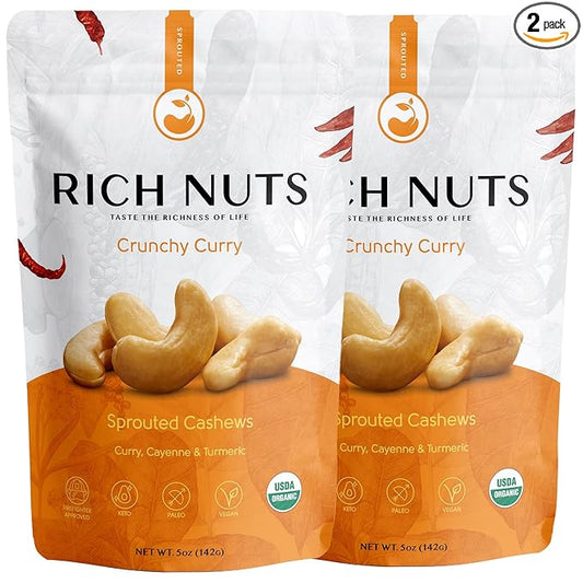 Rich Nuts Crunchy Curry Gourmet Sprouted Cashews | Vegan, Paleo, Keto | Curry Powder, Cayenne Pepper, Turmeric and Sea Salt | Non-Roasted, Dehyrdated, Germinated, Raw and Whole | 5 Oz Bag (2 Pack)