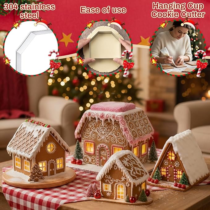 4 Set Gingerbread House Cookie Cutters with Piping Bags Tips Set Christmas Cookie Cutters 3D Gingerbread House Kit for DIY Christmas Holiday Biscuit Cake Dough Fondant Baking Dough Tool Gift