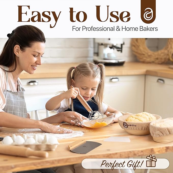 Sourdough Bread Making Kit - 9″ Round & 10″ Oval Banneton Proofing Baskets, Danish Dough Whisk, Bread Lame (5 Blades), Bench & Bowl Scrapers, Linen Liners - Complete Bread Making Tools
