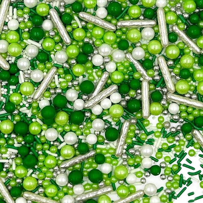 Sprinkles for Cake Decorating, Green and White Pearl Silver Jimmies St. Patrick’s Day Sprinkles Mix for Baking Cookies Cupcake Ice Cream