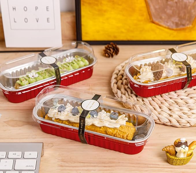 Mini Loaf Pans with Lids and Spoons Rectangular Aluminum Foil Baking Pans Mini Cheesecake Containers 6.8oz(60 Pack, Red)