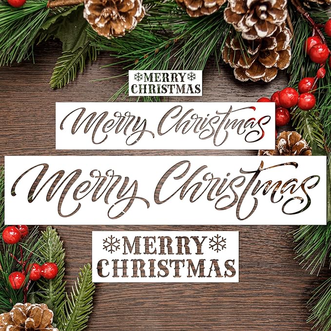 4 Pieces Merry Christmas Stencil Reusable Stencils for Painting Christmas Decoration Painting Template for Furniture, Wall, Window, Fabric, Wood，4 Different Sizes (Merry Christmas)