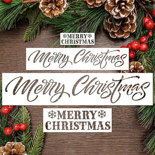 4 Pieces Merry Christmas Stencil Reusable Stencils for Painting Christmas Decoration Painting Template for Furniture, Wall, Window, Fabric, Wood，4 Different Sizes (Merry Christmas)