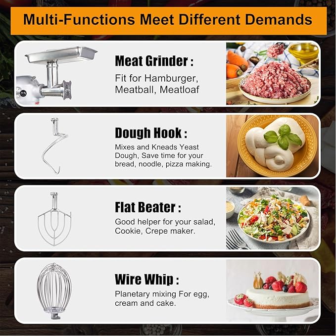 Hakka Commercial Food Mixer 4 Funtion, 20Qt Dough Mixer Machine with Stainless Steel Bowl 3 Speeds Adjustable Dough Hooks Whisk Beater Stand Mixer With Safety Guard, 1100W, 110V