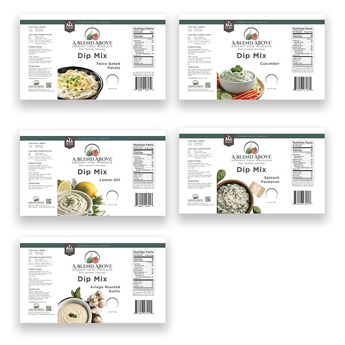 A Blend Above 5 Pack Summer Blends Dip Mixes - Includes Cucumber, Lemon Dill, Asiago Roasted Garlic, Spinach Parmesan, and Twice Baked Potato - All Natural, No MSG, Gluten Free, No Preservatives, Easy to Prepare - Ideal for Parties and Snacking
