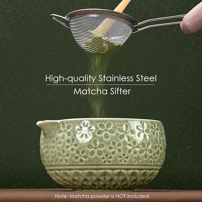 7Pcs Matcha Whisk Set, Ceramic Matcha Bowl with Spout, Bamboo Whisk and Holder,Bamboo Scoop,Scoop Rest,Sifter,Tea Towel, Matcha Kit with Cherry Blossom Carved Patterns for Matcha Lovers (Sakura Green)