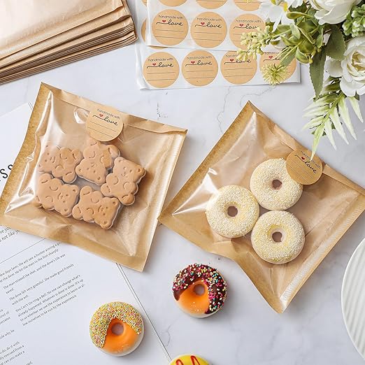 Outus 100 Pcs Cookie Packaging Bags with Seal, 5 x 5 Inch Bakery Pastry Bags with Window, Heat Sealable Grease Resistant Paper to Go Bake Sleeves for Gift Giving Donut Bread Sandwich (Brown)