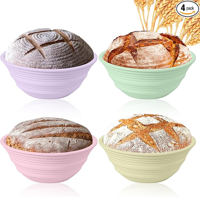 4Pcs Silicone Banneton Bread Proofing Baskets, 9" Collapsible Sourdough Bread Baking Supplies Non-Stick Round Dough Proofing Bowl Containers Oven Safe for Various Tastes Bread Making-BPA Free