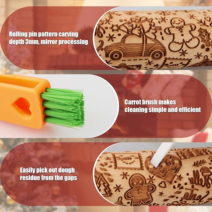 17" Premium Wood Rolling Pins for Baking with Gingerbread Embossed Designs | 3mm Deep Springerle Cookie Molds | Christmas Rolling Pin & Baking Gifts for Women | Includes 3-in-1 Cleaning Brush