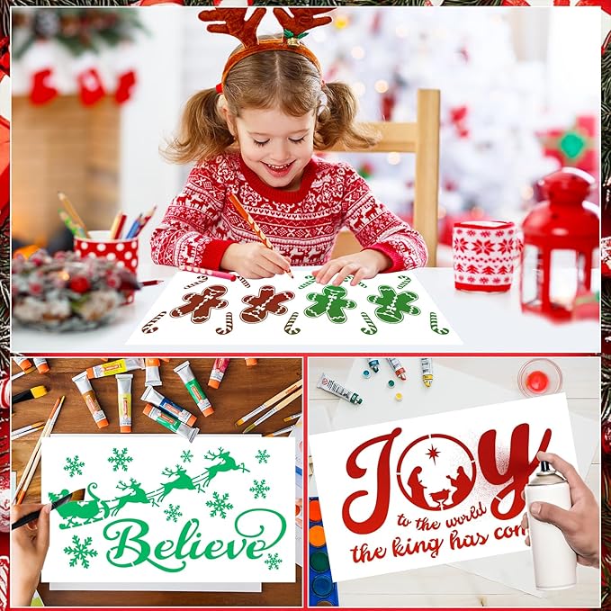 8 Pcs Large Christmas Stencils for Crafts, Reusable Christmas Rub on Transfers Painting Crafts, Xmas Stencils for Painting On Doormat Wood Wall Decor (Classic.8)