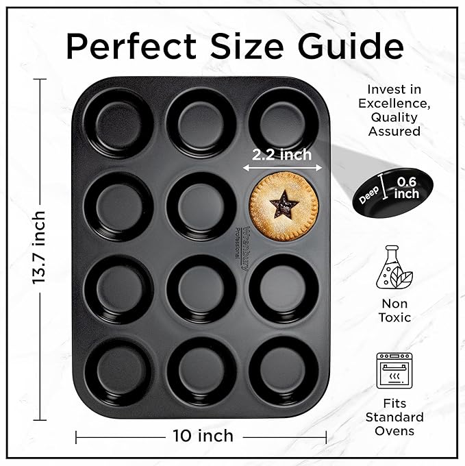 Wrenbury Pro 12 Cup Mince Pie Tin – Carbon Steel Mincemeat Baking Tray - Non Stick Shallow Muffin Pan for Patty Cakes and Jam Tarts