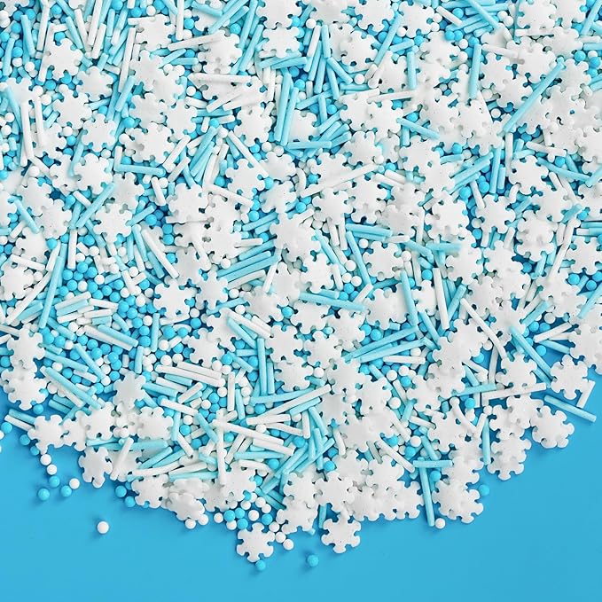 Christmas Edible White Snowflake Sprinkles,Blue White Nonpareils Pearls Jimmies Mix Sugar Sprinkle,100g,Snow Block Candy for Cake Decorating,Holiday Cake Decorations,Dessert,Cookies,Christmas Winter Baking Decorating
