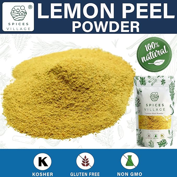 SPICES VILLAGE Lemon Zest Powder, Natural Lemon Peel Powder for Baking, 4 oz, Cooking and Herb Tea - Certified Kosher, Gluten Free, Non GMO, Vegan, Resealable Bag