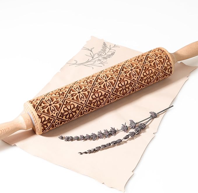 17" Premium Wooden Rolling Pins for Baking with European Embossed Designs | 3mm Deep Springerle Cookie Molds | Christmas Rolling Pin & Baking Gifts for Women | Includes 3-in-1 Cleaning Brush
