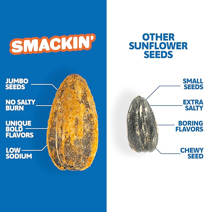 SMACKIN' - Jumbo Roasted Sunflower Seeds, No Salty Burn, American Made, Easy Pour & Seal - Cheddar Jalapeño, 4oz bag (12 Bags)