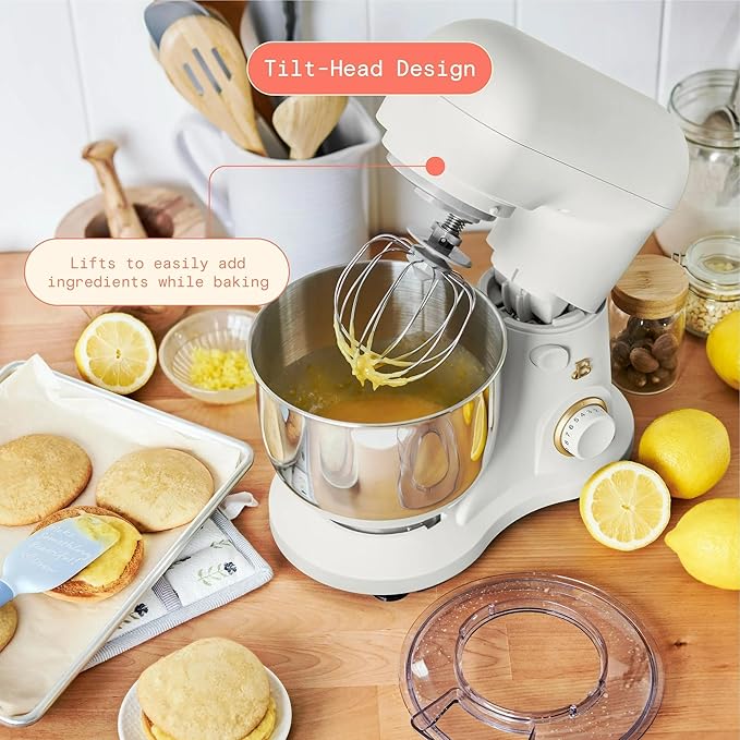Beautiful 3.5 Qt Tilt-Head Stand Mixer | 12-Speed 300 W Motor | Stainless Bowl Beater, Dough Hook & Whisk by Drew Barrymore (White)