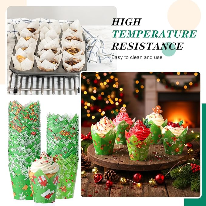 500 Counts Christmas Tulip Cupcake Liners Birthday Party Muffin Cupcake Baking Liners Grease Proof Cake Liner Holders for Fall Christmas Halloween Birthday Party