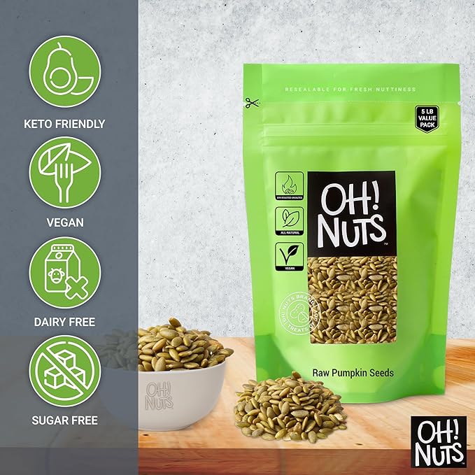 Oh! Nuts Pepitas Raw Unsalted Pumpkin Seeds - Resealable 5-Pound Bulk Bag - All-Natural Protein Power - Fresh, Healthy Snacks - Unshelled Pepitas