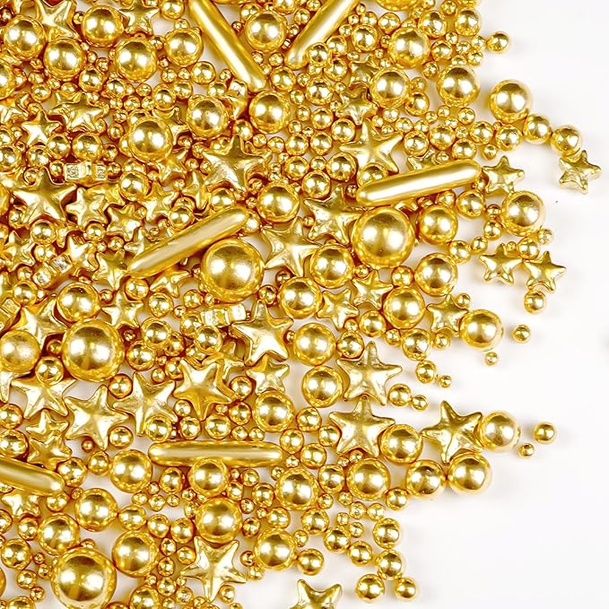 Christmas Gold Pearl Star Rods Sprinkles, Edible Gold Pearls Sprinkles for Cake Decorating, 150g/5.29oz, Cake Decoration, Cake Toppers, Wedding Party, Christmas Baking Supplies