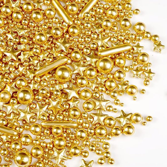 Christmas Gold Pearl Star Rods Sprinkles, Edible Gold Pearls Sprinkles for Cake Decorating, 150g/5.29oz, Cake Decoration, Cake Toppers, Wedding Party, Christmas Baking Supplies