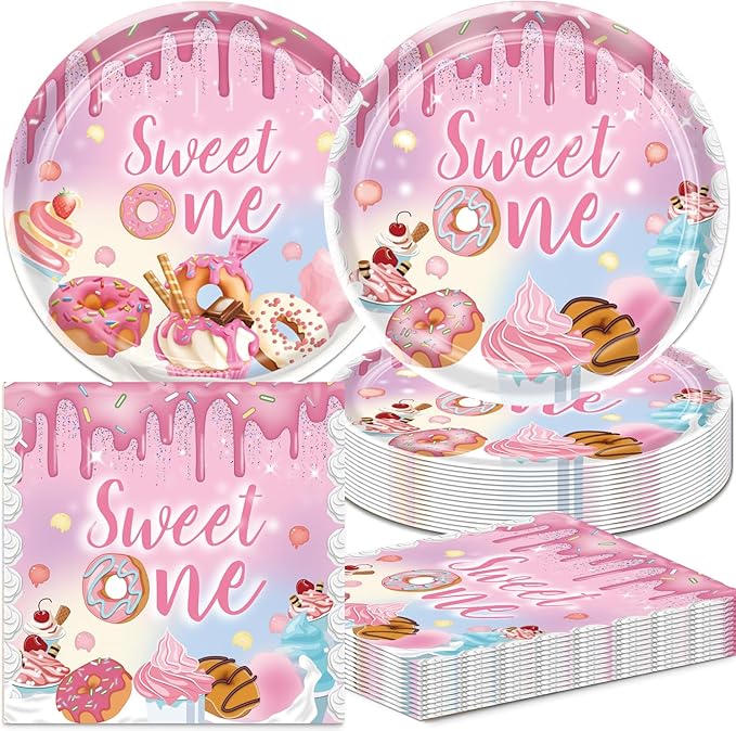 40pcs Donut Birthday Party Decoration,include 20 Dessert Plate, 20 Napkin,Pink Donut Disposable Tableware,Used for Candyland Birthday Party Supplies