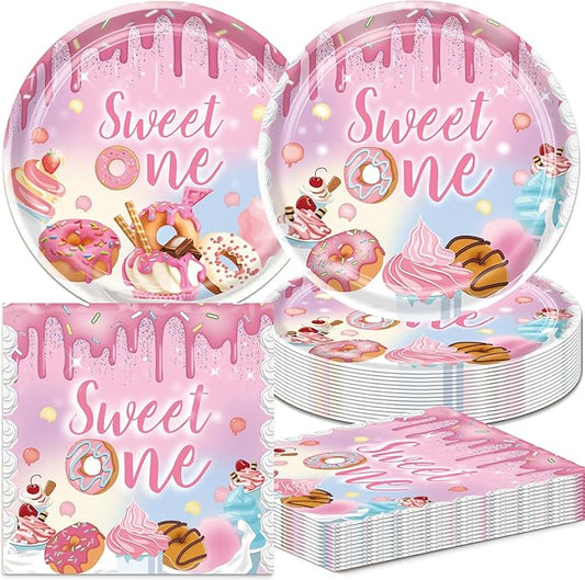 40pcs Donut Birthday Party Decoration,include 20 Dessert Plate, 20 Napkin,Pink Donut Disposable Tableware,Used for Candyland Birthday Party Supplies