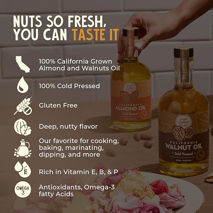 Fresh Vintage Farms Nut Bundle 100% Undiluted Cold Pressed Almond & Walnut Cooking Oils | Wholesome & Nutritious Healthy Cooking Oils for Cooking, Baking, Dipping, & Salads | 12.68 Fl oz, Pack of 2