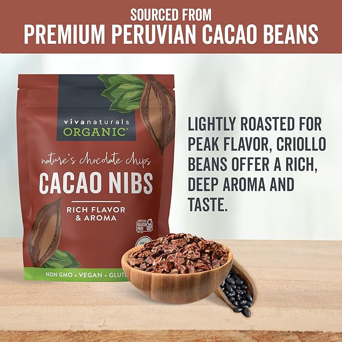 Viva Naturals Organic Cacao Nibs, Unsweetened, 2 LB (907 g), Keto Friendly, Vegan, Non-GMO, Gluten-Free Chocolate Chip Substitute