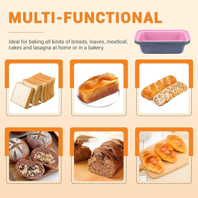 Huakaile 4 Pack Carbon Steel Loaf Pan, 9.8" x 5" Nonstick Bread Pan, Rectangular Loaf Tin Bakeware Set for Baking Cake Oven Sourdough Homemade (Gray, Gold, Pink, Blue)