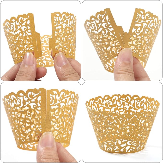 KPOSIYA Pack of 120 Cupcake Wrappers Artistic Bake Cake Paper Cups Vine Designed Laser Cut Cupcake Wraps Baking Cup Muffin Case Trays for Wedding Baby Shower Party Birthday Decoration (120, Gold)