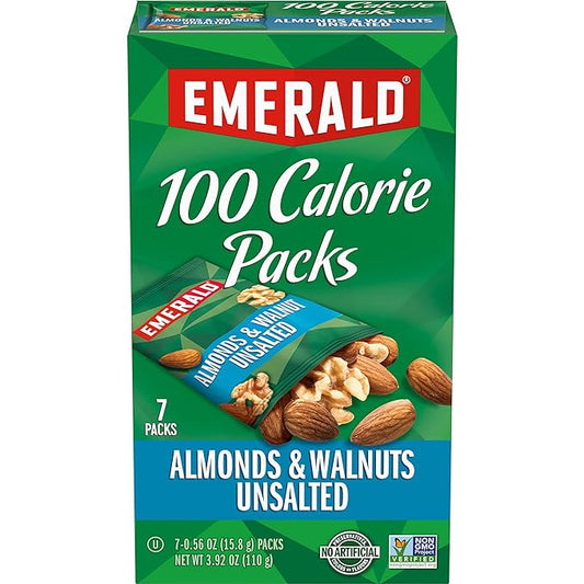 Emerald Nuts Unsalted Almonds and Walnuts 7 Ct (1-Pack), 100-Calorie Individual Packs of Nut Blend, Kosher Certified, Non-GMO, Contains No Artificial Preservatives, Flavors or Synthetic Colors