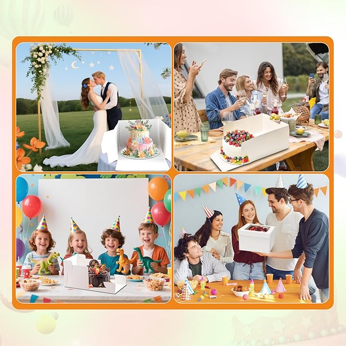 3pcs Cake Boxes, 10x10x8 Inch Cake Box With Viewing Window and Cake Board and Stickers, Tall Cake Box, Suitable for Birthday, Party, Wedding, Banquet