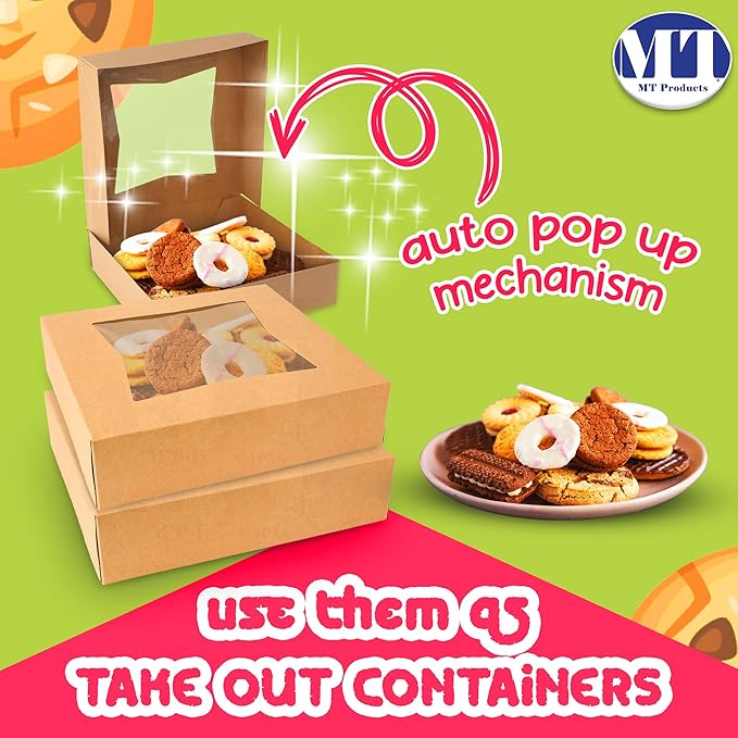 MT Products Kraft Cookie Boxes 8" x 8" x 2.5" - Bakery Boxes with Window (Pack of 10) - Made in USA