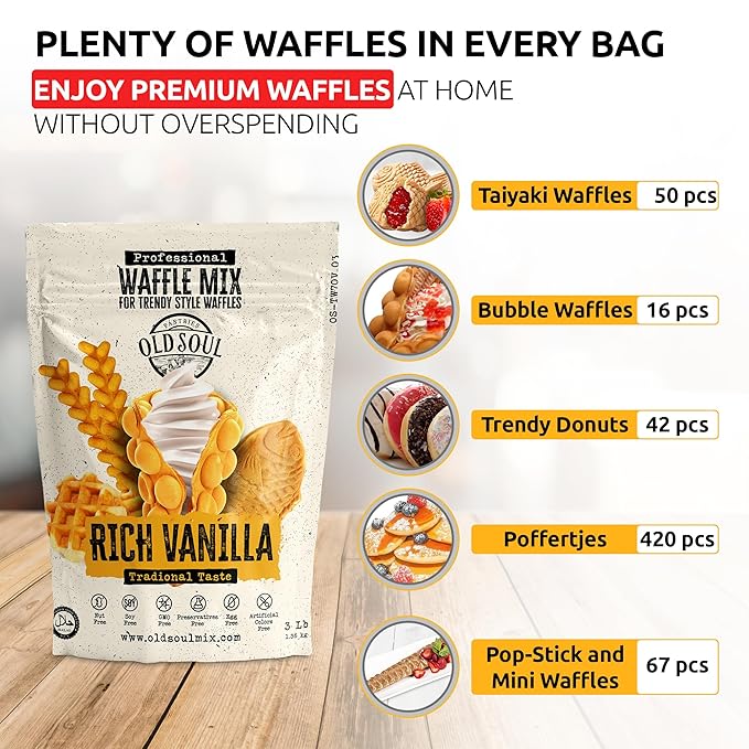 OLDSOUL Trendy Waffle & Pancake Mix | Bubble Belgian Cone | Natural Ingredients | Easy Preparation | Reach Vanilla Flavor (3 Lbs)