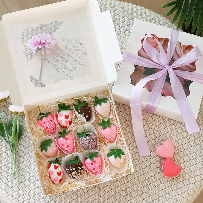 Moretoes 30pcs Bakery Boxes, 8x8x2.5 Cookie Boxes with Window, White Treat Containers for Donuts, Chocolate Strawberries, Pie