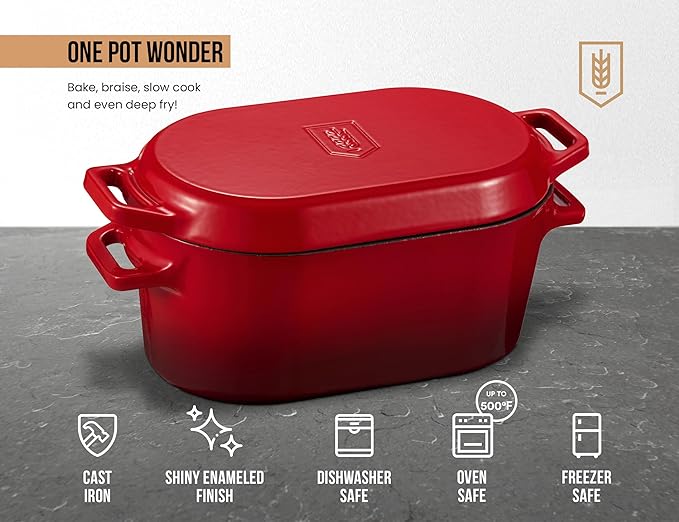 KooK Dutch Oven, for Bread Baking, Sourdough Loaf Pan, Dual Handles, Enameled Cast Iron, with Sling, Dishwasher Safe, 3.4 Qt, Cherry Ombre