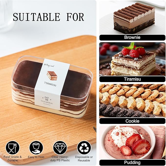 Plastic Rectangle Dessert Cups Boxes with Lids and Sporks,packaging for baked,Cookie Tiramisu Containers for Fruit,Pudding,Mousse,Parfait Cups With Lids(20, Rect 4.6*2.4*2 IN-Boxes+Sporks+stickers)
