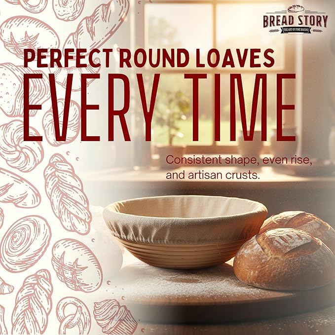 Bread Story Round Banneton Bread Proofing Basket Set – Handmade Rattan Brotform Dough Bowl with Cloth Liner, Sourdough Tools & Baking Supplies for Home Bakers – Baking Kit, 10 Inch