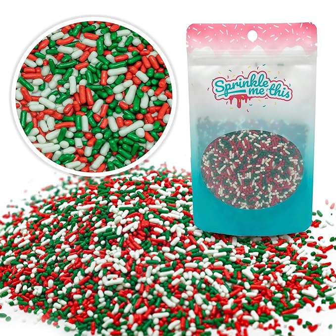 Green, Red and White Blend Sprinkles - 4 oz Resealable Stand Up Candy Bag - Christmas Themed Sprinkles for Decorating - Bulk Baking Supplies for Holiday Decorated Treats