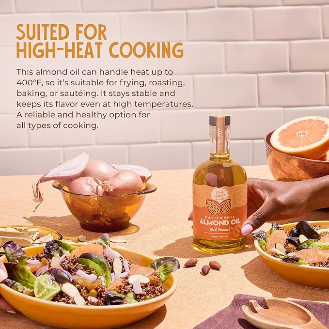 Fresh Vintage Farms 100% Cold Pressed Sweet Almond Oil | Nutrient-Rich Healthy Cooking Oil for Cooking, Baking, Grilling, Dipping, & Salads | Cold Pressed Almond Oil - 12.68 Fl oz, Pack of 2